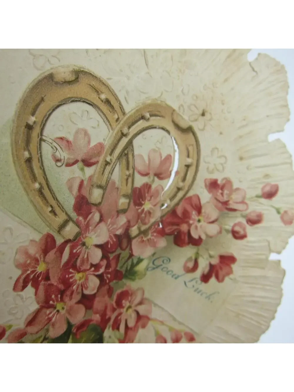 Victorian Good Luck Greeting Card Gold Horseshoes Pink Flowers Embossed Antique